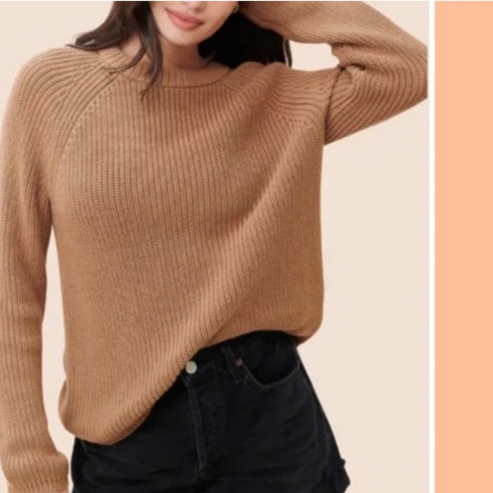 Jenni Kayne Fisherman Sweater Size Small Crewneck 100% Cotton Camel Tan Brown